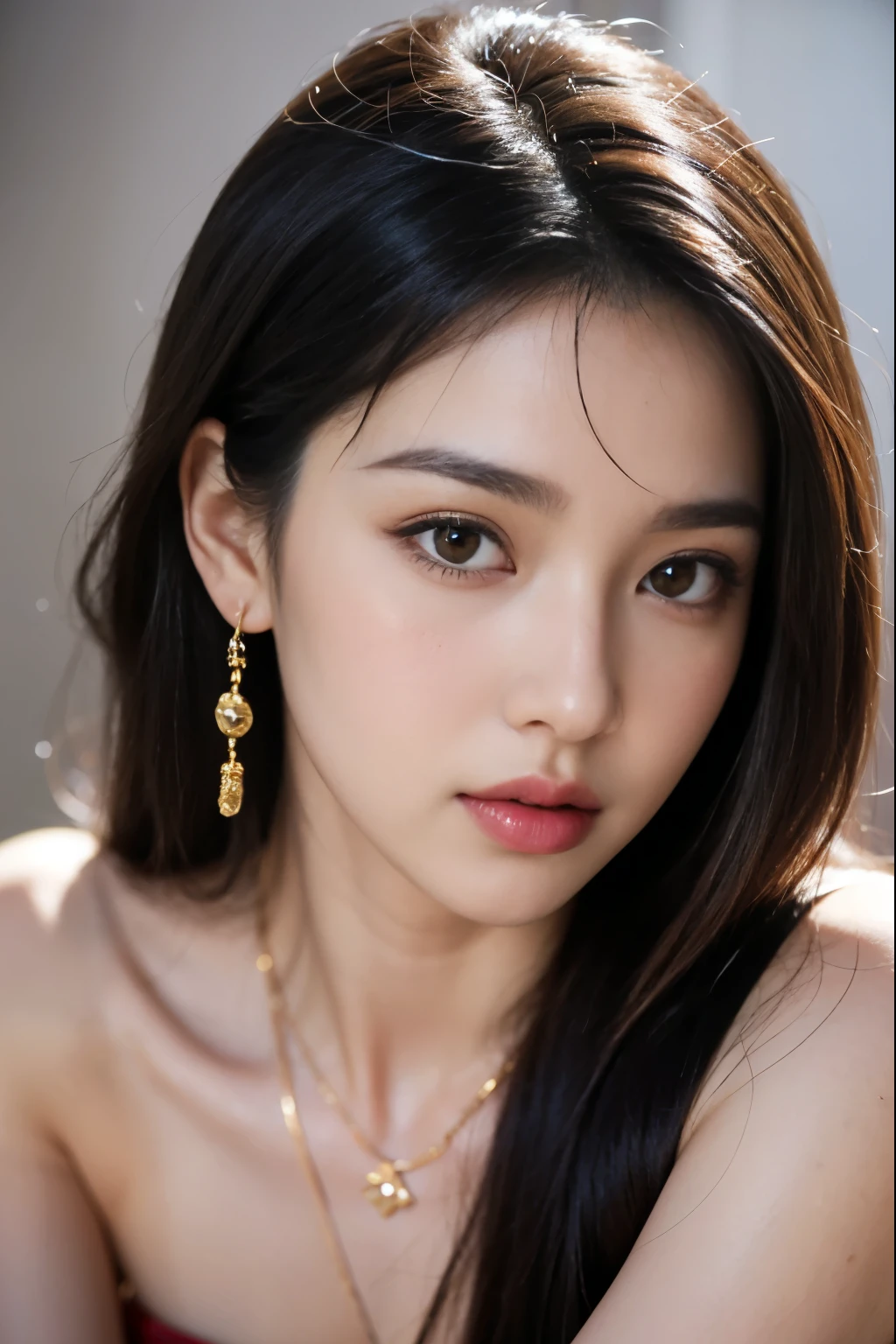 (masterpiece:1.3), (8 thousand, realistic, RAW photos, best quality: 1.4), (1 woman),(very sexy), (Beautiful makeover), (유난히 아름다운 realistic 얼굴), (Build a beautiful body) , (beautiful face), (beautiful face), (long eyelashes), (double eyelid), (realistic face), (black hair. parted, long hair:1.3), (아름다운 parted스타일), (realistic eyes), (really beautiful and delicate eyes), (beautiful and big breasts),(realistic skin), (beautiful skin), (absurd), (attractive), (ultra high resolution), (extremely realistic), (very detailed), (golden ratio), (necklace), (earring), (So beautiful and sexy)
