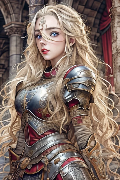 One Girl, 19 years old, alone, Long Hair, View Viewer, Sensual Body、rich blonde hair,Big eyes、Blue Eyes、Small Nose、Long ears、Sensual lips with red lipstick、Hot cheeks、Sensual Body、Late Renaissance, richly carved silver plate armor、Too big breasts、Chest protruding from armor、Curved waist、Big Ass、