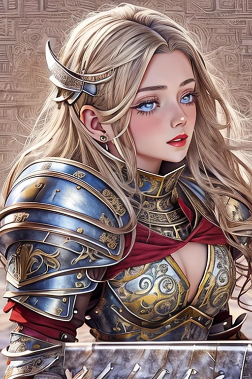 One Girl, 19 years old, alone, Long Hair,  View Viewer, Sensual Body、rich blonde hair,Big eyes、Blue Eyes、Small Nose、Long ears、Sensual lips with red lipstick、Hot cheeks、Sensual Body、Late Renaissance, richly carved silver plate armor、Too big breasts、Chest protruding from armor、Curved waist、Big Ass、