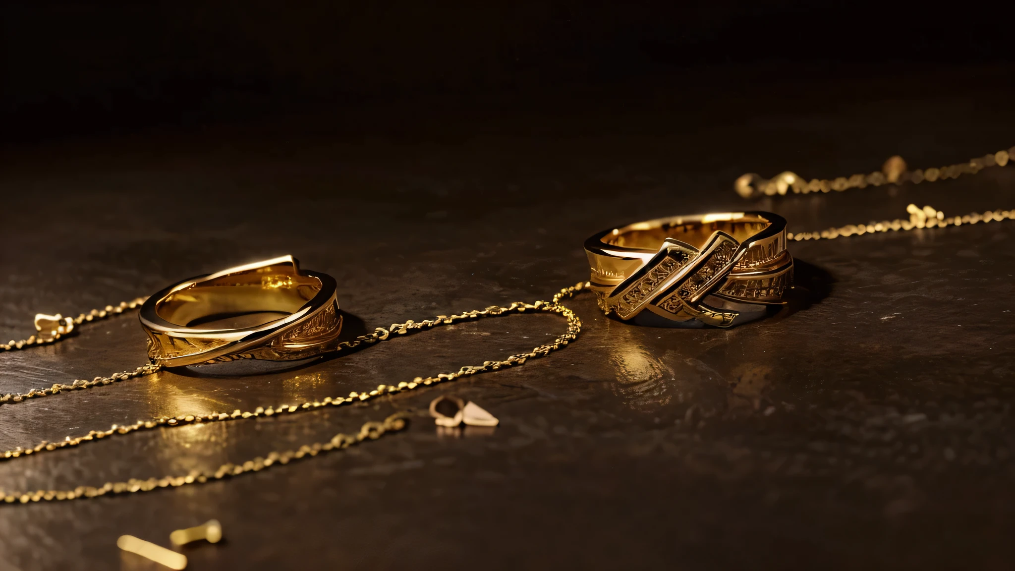 background of a slide for presenting a jewelry business plan with a dark brown tone, ouro, preto e braco, with pieces of gold jewelry in the background