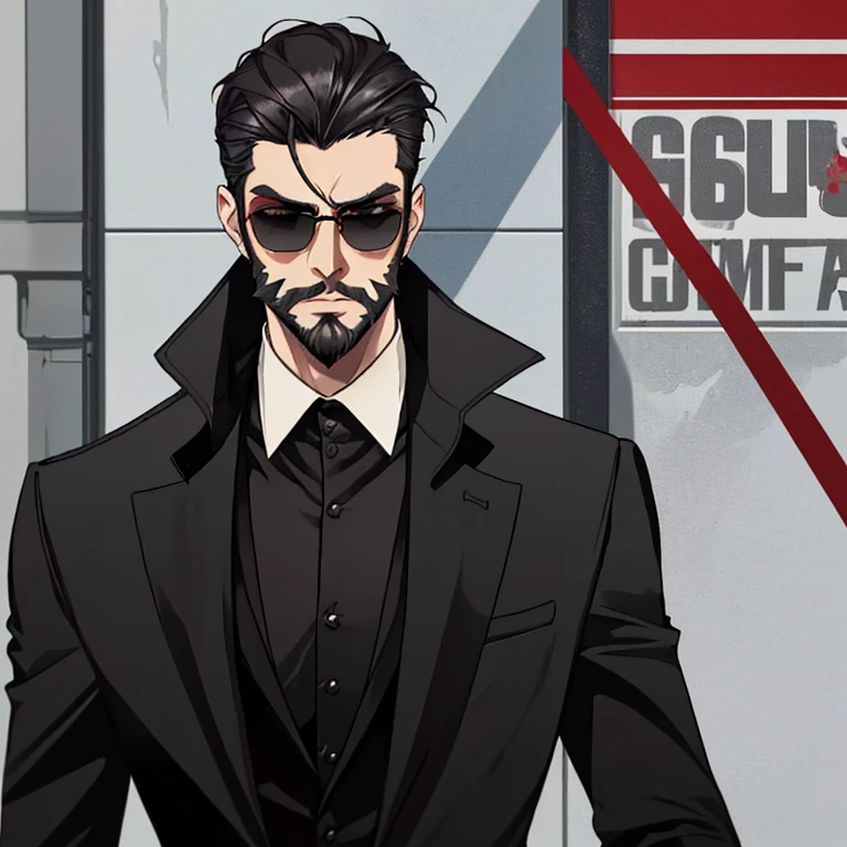 a tall man with a beard and short hair, wearing a black suit with a red jacket and sunglasses, attractive face and good physique, GTA V style