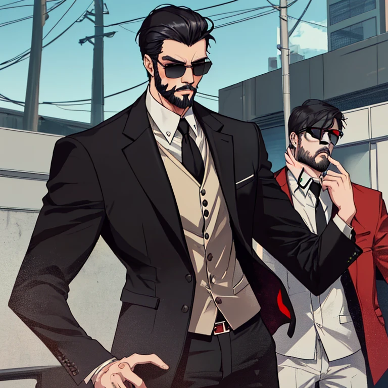 a tall man with a beard and short hair, wearing a black suit with a red jacket and sunglasses, attractive face and good physique, GTA V style