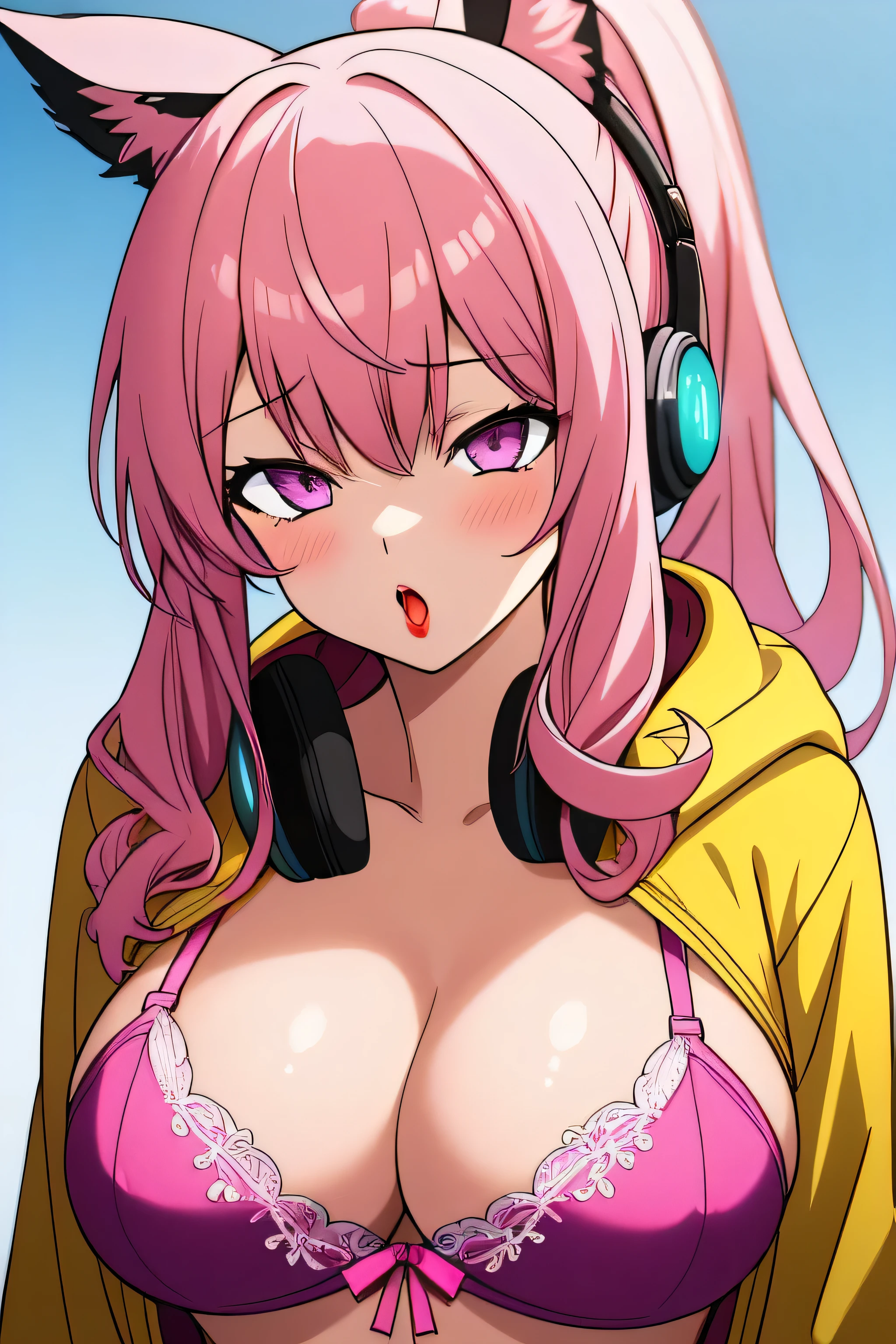 Masterpiece, 1girl, purple eyes, glowing eyes, hot pink hair, red lips, closeup portrait, upper body, bangs, high ponytail, bangs to the side, long curly, messy hair, busty, orange hoodie, unzipped hoodie, pink bra, big breast, ahegao, ahegao face, red headphones, furry, animal ears, (illustration), (anime), detailed, ((intricate details)), hdr, ((intricate details, hyperdetailed)) headshot, head in frame, full frame, perfect centering, head in photo, shot from top, looking up