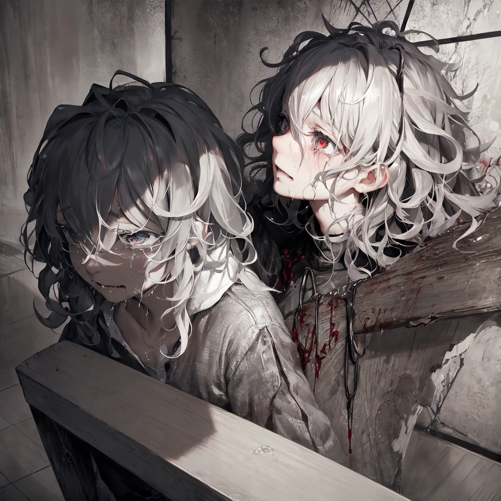 komaeda_nagito,1boy, alone,crying,aesthetic,extremely detailed,teary eyes,soaked lashes,emotional expression,intense sadness,dripping tears,rosy cheeks,crazy eyes,crazy smile,mental illness,messy hair,true-to-life textures,highly refined details,perfect anatomical structure,dramatic lighting,seamless blending of colors,vibrant hues,artistic composition,breathtaking realism,masterful craftsmanship,highly emotional scene,silent sorrow,in a mental asylum, dim lighting, blood splatter, horror, creepy, hospital bed,moisture in the air, stark contrast,moody ambiance,luminous glow,shimmering highlights,subtle shadows,precise contours,striking emotion,fluid brush movements,touching portrayal,painstaking attention to detail,aesthetically pleasing,heart-wrenching,deeply moving artistry