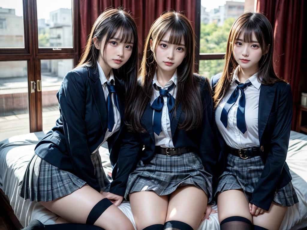 (8K, Raw photography, top-quality, ​masterpiece:1.2), master piece, best quality, illustration, Super detailed, fine details, High resolution, 8K,wall paper, perfect dynamic composition,(Details High quality, realistic depiction of eyes:1.3), ((2 girls, 2 schoolgirls)), The background is a luxury hotel room、High school girl uniform、blazer 、Super Short Check Uniform Skirt、Navy blue high socks、garterbelts、Colossal tits、Disturbed uniform, Play with each other,Touching each other's bodies,Touching the body of the girl next door, short bob hair, black hair color, huge breasts, Big Natural Color Lip, bold sexy pose, (perfect body shape), crying a little、cold gaze,  Beautiful makeup,glitter makeup,Cutest 18 years old, beautiful legs, hposing Gravure Idol, Voluptuous thighs