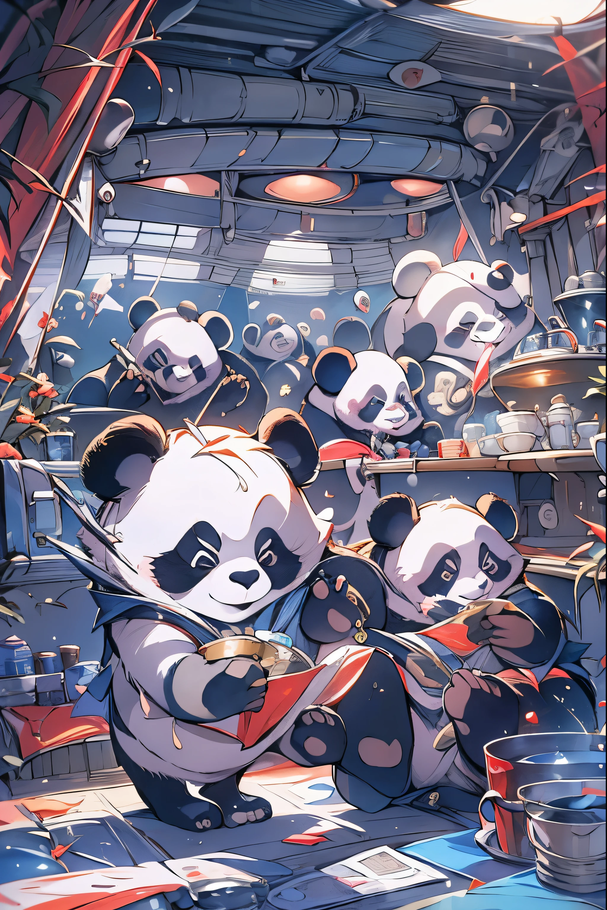 Panda family sightseeing inside USS ENTERPRISE, dune, star wars, masterpiece, coloring-book,