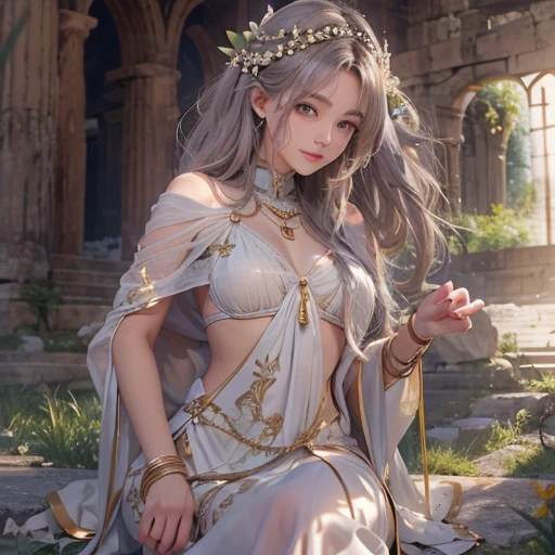 (8k, Highest quality, masterpiece),(Realistic, RAW Photos, Super Fine Clear), Realistic Light, Detailed skin, Beautiful girl sculpture, , ((25 year old girl, Statue of Nikke from Greek mythology:1.5)), Thin legs, fine grain, Long white hair, Detailed fingers, thin, Sexual, Ecstasy Facial Expressions, (Super big bouncy and firm bust), The dress has a wide opening at the chest, Exposing breasts, (Ancient Greek Dresses), (garden, Flower Storm), Lakeside palace, (art:1.5)