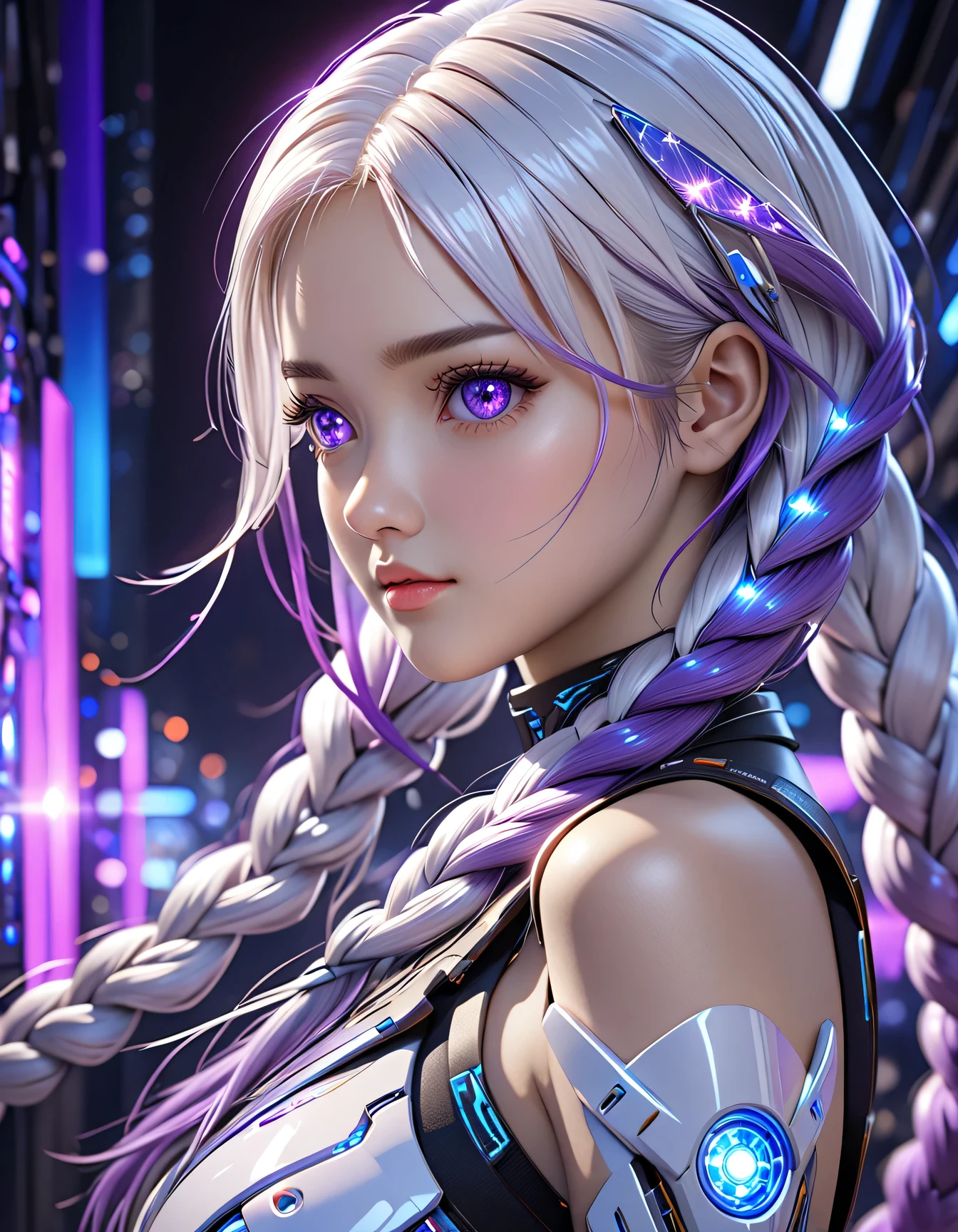 Two cyborg girls standing standing side by side looking at the viewer, yinji, purple hair, purple eyes, long hair, white hair, double braids, gradient hair, highly detailed, intricate machinery, glossy metal skin, glowing blue lights, complex circuitry, futuristic technology, edge light, dramatic lighting, beautiful starry background, octane rendering, cool, personality, brave, realistic 3D render, cinematic composition, award winning digital art, best quality, masterpiece, illustrations, very exquisite and beautiful, very detailed, CG, unity, wallpaper, stunning, exquisite details