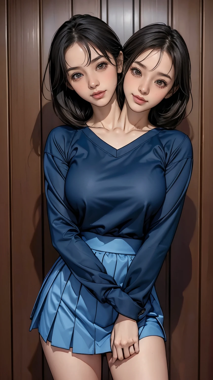 (2 girls, 18 years old, same height :1.2) , hugging, Rear view, couple focus , japanese girl , (smile:0.7), stand next to each other , Upper body, beach volleyball,Please think back, (Never wear a skirt), sailor suit, long sleeve, navy blue bloomers, The fabric of the bloomers is thin, grinning smile, very short hair , (high color saturation:1.0), (highly detailed skin), (highest quality:1.0), (ultra high resolution:1.0) ,(realistic:1.0), (Super detailed:1.0), (8K, RAW photo:1.1), conjoined_dicephalus, (two heads:1.2)
