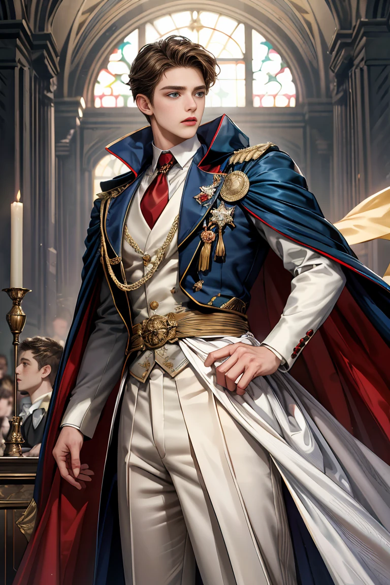 
masterpiece, 最high quality, high quality, 1 boy, alone, Male focus, Watching the audience,  Messy brown hair, Adorable big blue eyes, White, Noble, Noble, Beautiful tailcoat、A very voluminous, large, very large, very large, long, long red and black cape with a high stand-up collar, made of a lot of fabric that reaches down to the floor., ,Cute beautiful boys,Cute, cute, kind, handsome guy