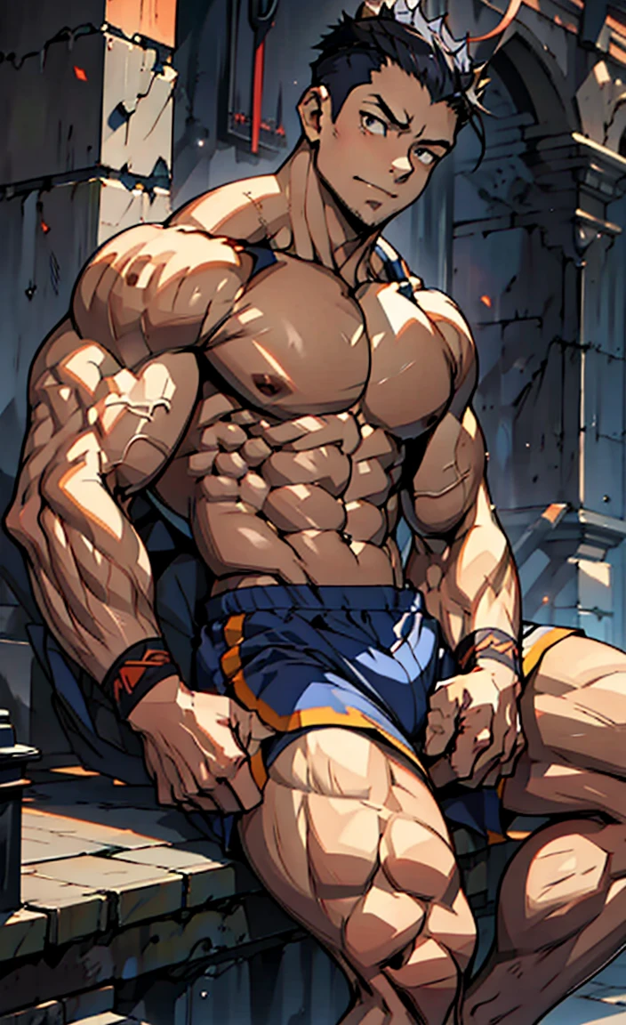 (A corner of the photo from bottom to top) (Highest quality images) Lion Man ,real, young, , Wearing shorts, Crotch protrusion, Anime Character, sit on the floor, Legs open, male face, bonito rosto young, Undercut Hair, Huge chest muscles, 大腿muscular, Biceps tendon, Huge body, Toned body due to intense training, muscular, 8-pack clear ABS, 3 meters high, Topless, , Glowing skin, Dihan.com, Hands on thighs, barefoot, No beard