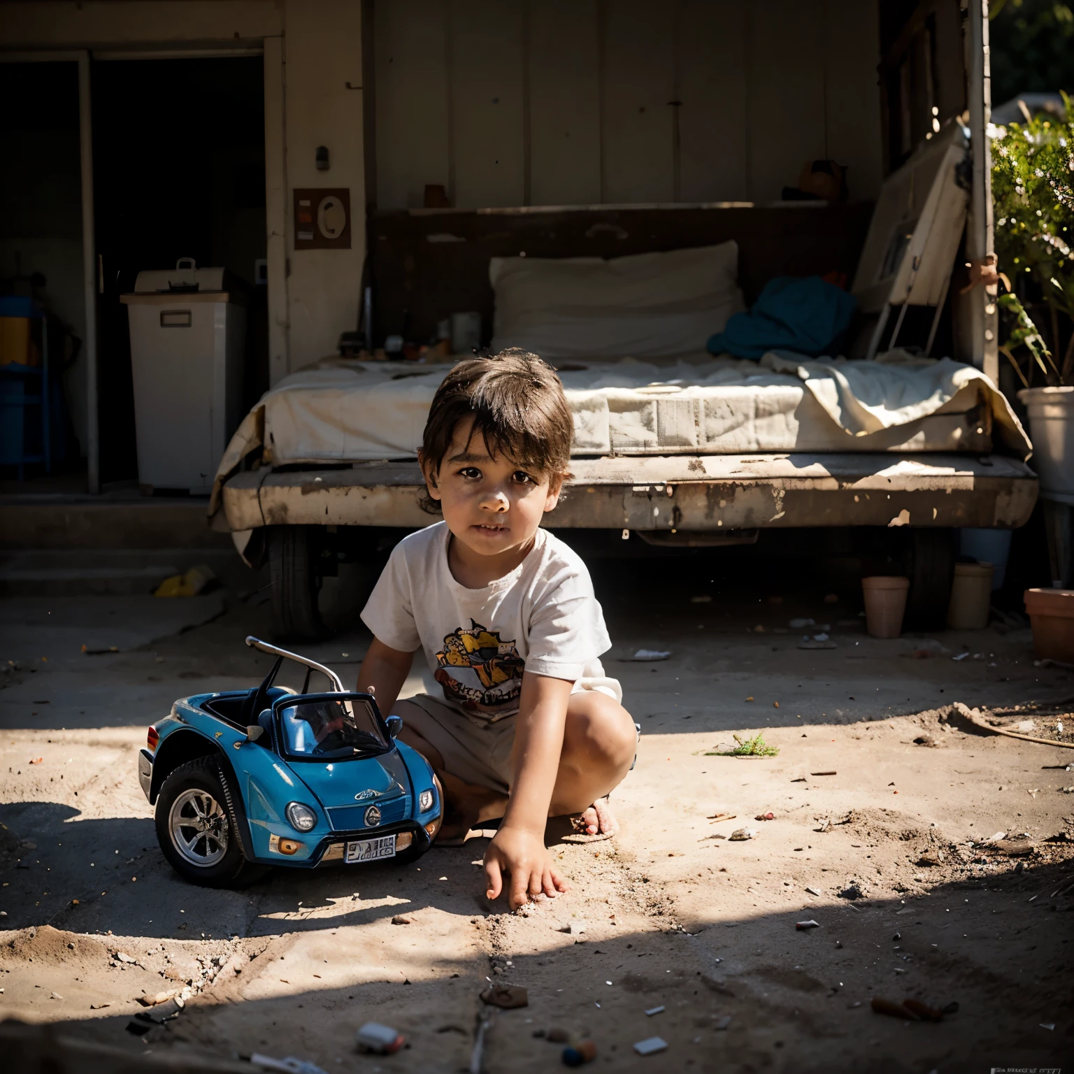 Escena con luz de atardecer, luz lateral, luz rembrandt, a very poor 3  boy looks in amazement at his old toy cars, en el patio de tierra de una casa pobre, Very iluminated Scene with intense evening light (Rembrandt light) a very small pod (3 years  kid), s old toy cars in the dirt yard of a poor house. Light from the right side.