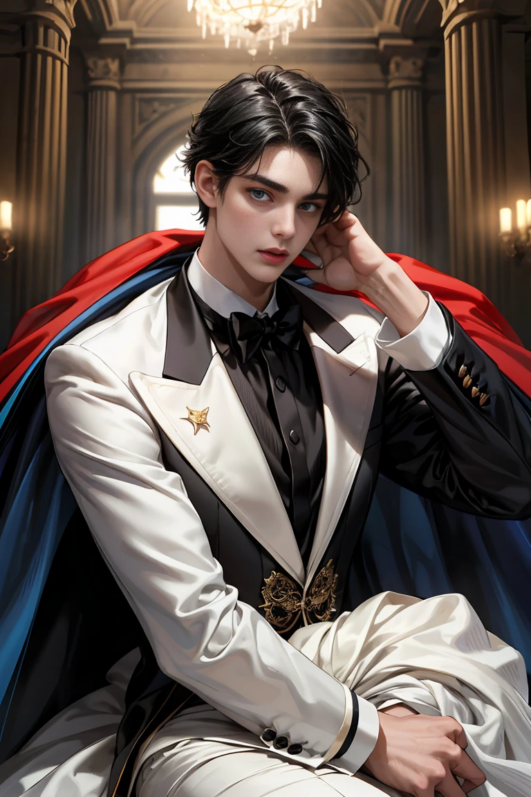 
masterpiece, 最high quality, high quality, 1 boy, alone, Male focus, Watching the audience,  Messy black hair, Adorable big blue eyes, White, Noble, Noble, Tuxedo、A very voluminous, large, very large, very large, long, long red and black cape made with a lot of fabric that reaches down to the floor, with a three-dimensional stand-up collar that is higher than the face., 17 years old,Cute beautiful boys,Cute, cute, kind, handsome guy