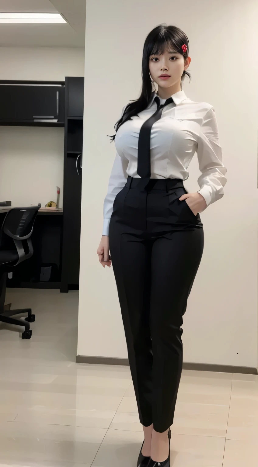 Highest quality、Ultra-high resolution、Professional Lighting、Detailed Background、workroom、full body,Kobeni-chan、A sloppy smile、25-year-old woman、beautiful girl、(Kobeni-chan、Jet black hair, Black Hair, bangs, One-sided hair,)、(Red Hair Clip:1.1)、(White shirt:1.2)+(Black tie:1.2)+(black long pants for work:1.2)、(Huge breasts that look like they might burst:1.2)、(Big thighs:1.1)、Are standing、Model pose