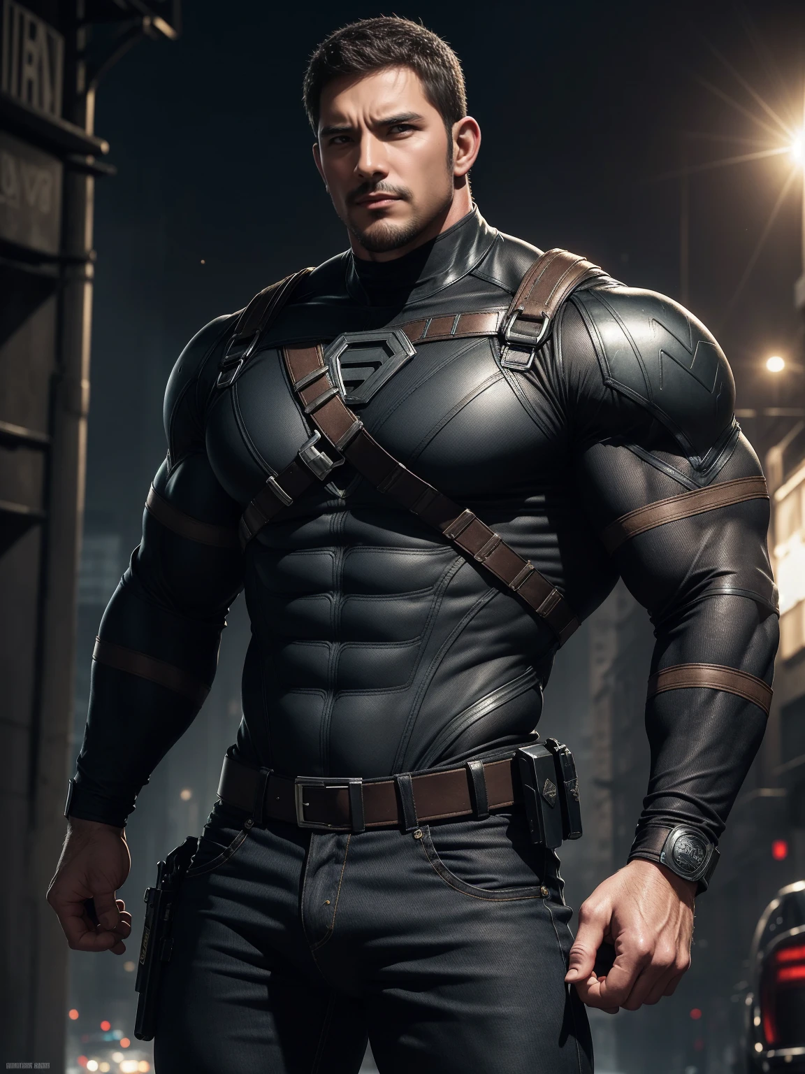 Angry super muscular man,  Buzz Cut，On the old-style outdoor street under the hot sun, Wear long-sleeved dark brown superhero Black Panther bodysuit, Dark brown denim fabric texture，The expression is arrogant, Thick thighs, Messy hair, Thick thighs, Turtleneck Long Sleeve Dark Brown Superhero Bodysuit, very tight, Regular symmetrical pattern, Highlight muscles, Police uniform pants, character concept（Resident Evil - Chris Redfield, Chris Redfield）A proud expression, Deep and charming eyes, Heroic male pose, tall Burly, muscular！muscular thighs, tough guy, perfect facial features, High, Burly, Heqiang, Super polished and cool, High Resolution Committee, Charismatic, The sun is blazing, dazzling