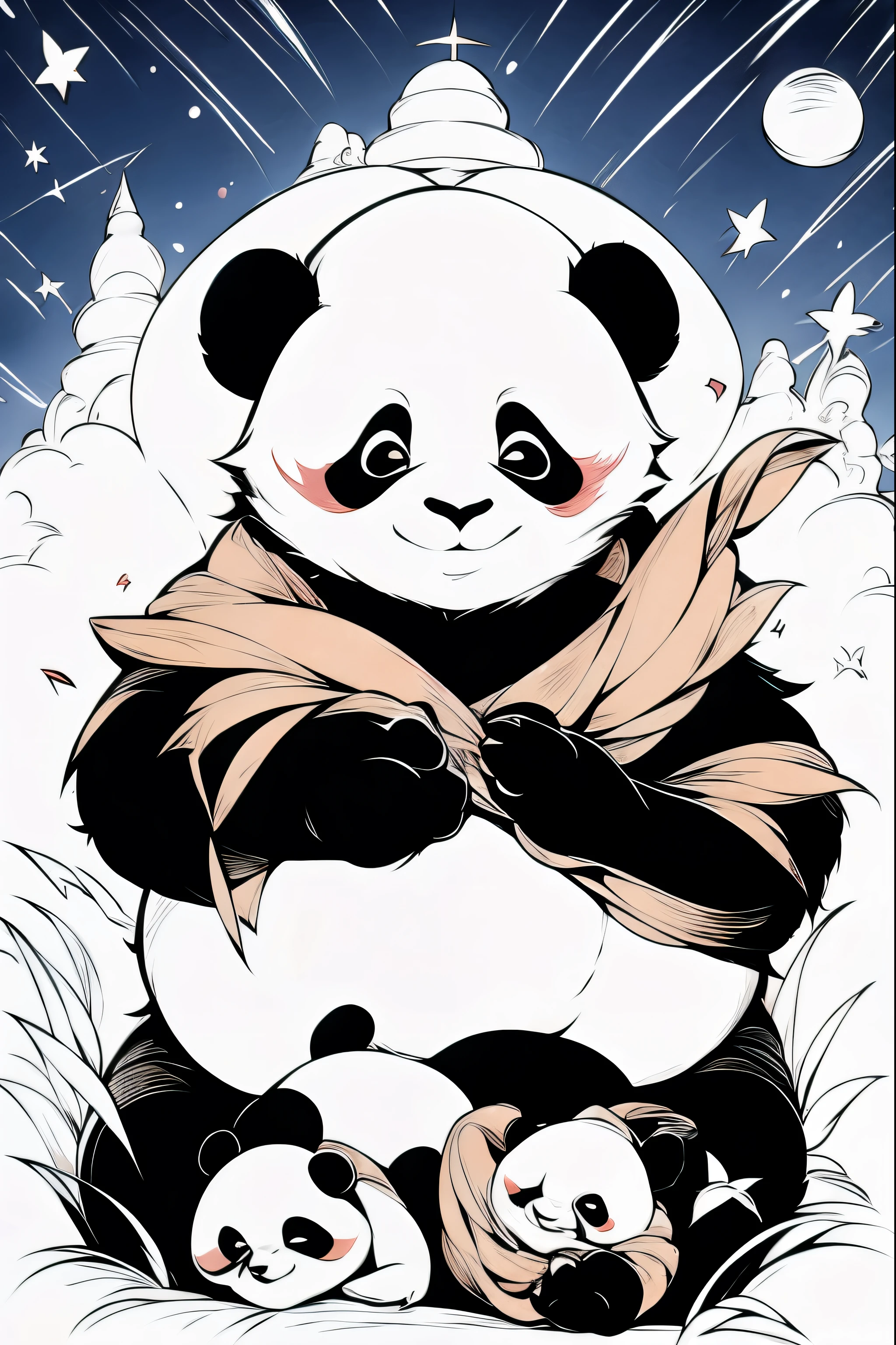 Panda family sightseeing inside USS ENTERPRISE, dune, star wars, masterpiece, coloring-book,