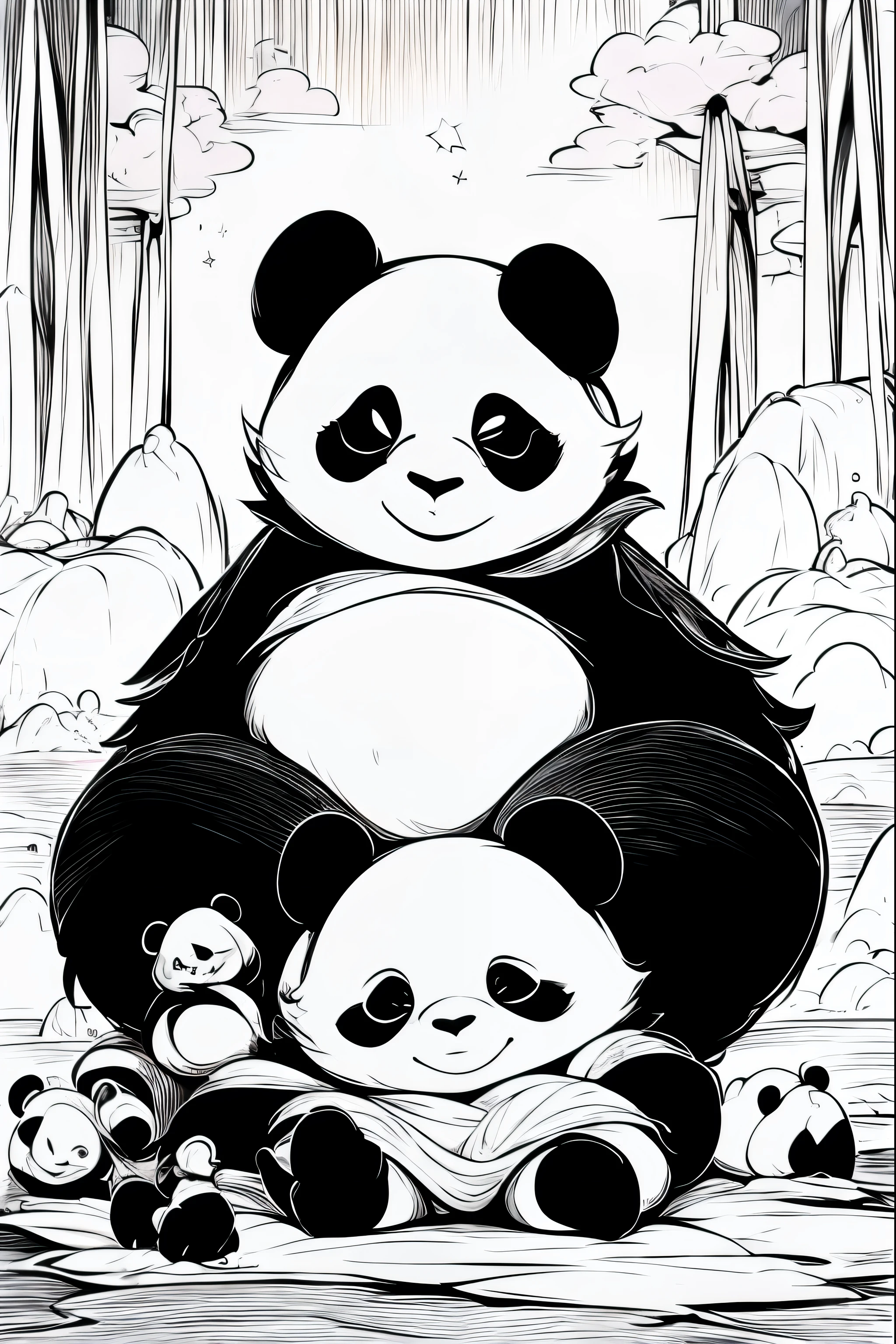 Panda family sightseeing inside USS ENTERPRISE, dune, star wars, masterpiece, coloring-book,