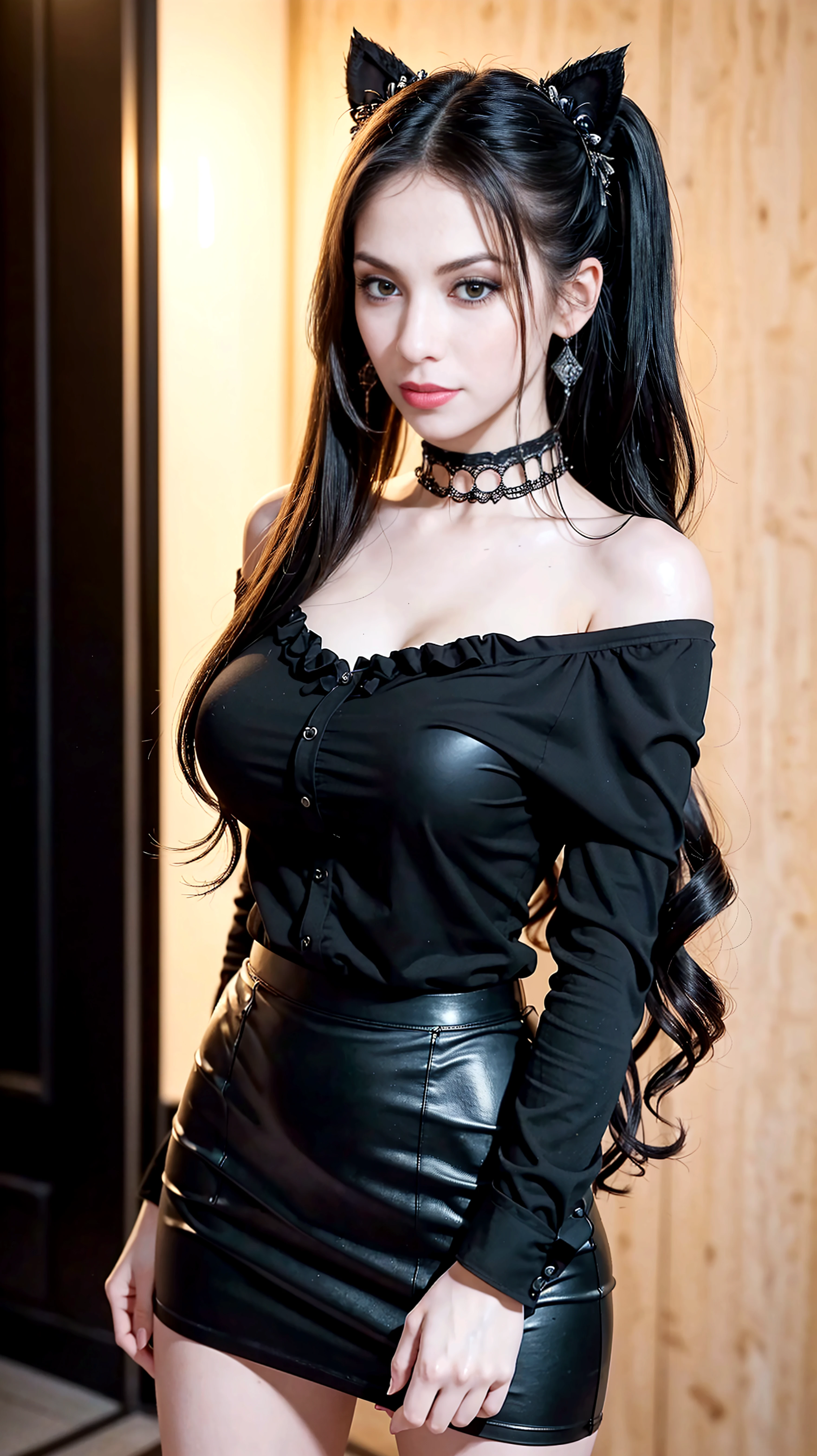 masterpiece, gothic aesthetic, dream atmosphere, ultra realistic, 16k, best quality, absurdres, perfect anatomy, 1girl, goth brunette, voluminous silky hair, goth makeup, bright red eyes (intense look), pale-white skin (highlighted), realistic shading, solo, Caera, red eyes, black t-shirt, large natural breasts cleavage, large hips, black mini skirt, tights (realistic textures), pretty seductive, upper body, beautiful girl, happy, inside a medieval castle, different poses at different angles, blurred background, cinematic, Photorealistic.