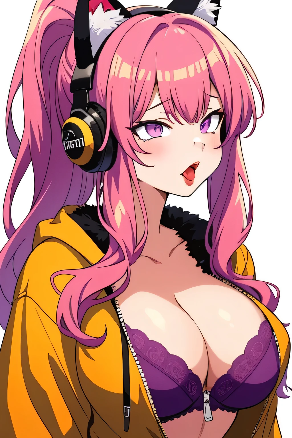 Masterpiece, 1girl, purple eyes, glowing eyes, hot pink hair, red lips, closeup portrait, upper body, bangs, high ponytail, bangs to the side, long curly, messy hair, busty, orange hoodie, unzipped hoodie, pink bra, big breast, ahegao, ahegao face, red headphones, furry, animal ears, furry skin, fur, animal, cat woman, (illustration), (anime), detailed, ((intricate details)), hdr, ((intricate details, hyperdetailed)) headshot, head in frame, full frame, perfect centering, head in photo, shot from top, looking up, portrait