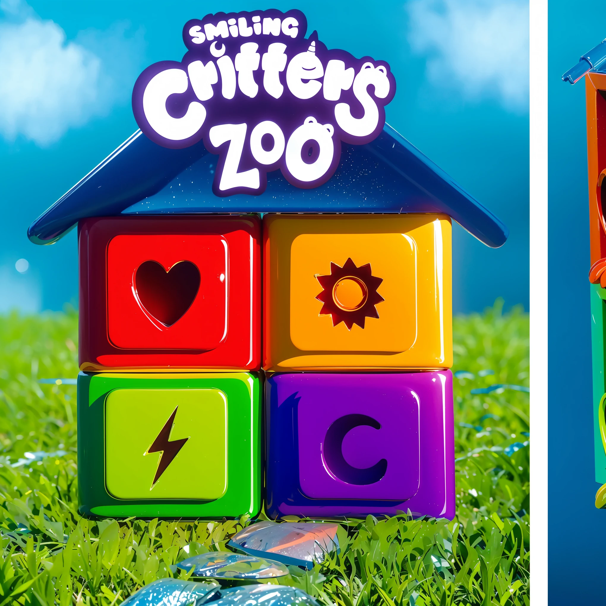 Create an image featuring a colorful toy-like house structure with four compartments. Each compartment should have a distinct color: red with a heart symbol, orange with a sun symbol, green with a lightning bolt symbol, and purple with a crescent moon symbol. The house should have a blue roof and be placed on a grassy field with a bright blue sky background. At the top of the image, include the text 'Smiling Critters Zoo' in a playful, cartoonish font. cartoon key frame rendering, cute 3D rendering, Shiny metallic,Create ultra sharp цветной рендеринг zbrush. perfect cgi, cgi art created only with gradients, smooth silhouette, Create ultra sharp skin, high intensity refraction, (plastic material), most beautiful vfx, blue background, plastic refractions, glossy texture, smooth 3d model, multiple light sources, rim light, sharp post effects render, (glossy plastic texture with multiple big light probe refractions), perfect cgi, cgi art created only with gradients, smooth silhouette, high intensity refraction, (plastic material), most beautiful vfx, blue background, plastic refractions Create ultra sharp