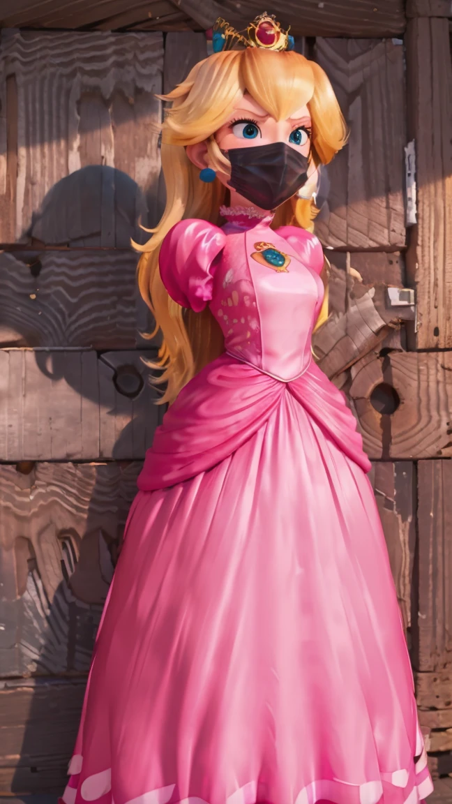 Princess Peach, solo, 1 girl, ((wearing a (wearing a long hot pink dress)), huge breasts, upper body, masterpiece,8k, best quality, white gloves arms, good hands,good eyes, pixarstyle, 1girl, solo, style,parody,3d,long hair, detail hair, blonde hair, maximum detail, intricate detail, extremely clear, beach, nsfw, smile, shy, blush, embaressed, ((long hair)), (tall girl), (solo, 1 girl), ((shibari) , ( full face otn gag mask), (full body view),((toes to head view)), ((complete body view photo)), ((standing)), Scared, (Skinny), view the viewer, (( x cross tied)), ((tied in a wood pole)), ((wood pole)), ((tight full face latex mask)), (otn gag), gagged, (tight latex mask), (black mask), day light, ((she wears a black mask with a mouth printed on it)), WMASK_gag, WMASK_on, WMASK_BANDANA, WMASK_latex, WMASK_Breathplay, WMASK_tight, WTIGHTMASK