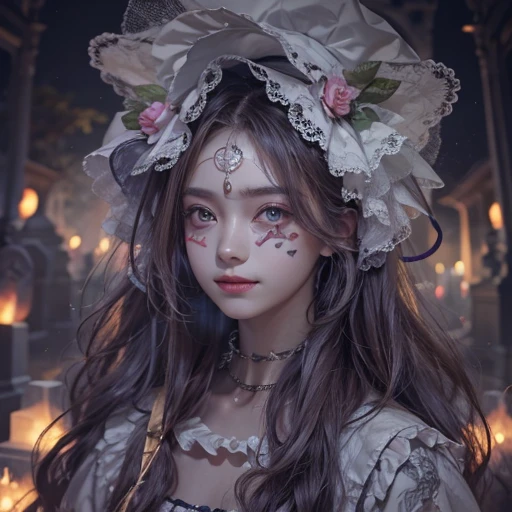 Standing in the grave、Hair flow、 ((highest quality、masterpiece、8k、Best image quality、Ultra-high resolution、Award-winning works)、(Accurate anatomy:1.1)、(Look at me and smile:1.1)、Shining fair skin with Ultra-high resolution、The most detailed face、Ultra-high resolution detailed face、Ultra-high resolutionの髪の毛、(Ultra-high resolution eye:1.1)、Beautiful face drawn in every detail、Cheerful clown costume, Chest to chest,  Strange atmosphere, Ghosts flow, Dark Light, At the cemetery, Heavy makeup 