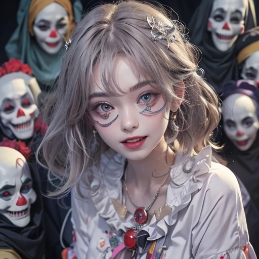 Standing in the grave、Hair flow、 ((highest quality、masterpiece、8k、Best image quality、Ultra-high resolution、Award-winning works)、(Accurate anatomy:1.1)、(Look at me and smile:1.1)、Shining fair skin with Ultra-high resolution、The most detailed face、Ultra-high resolution detailed face、Ultra-high resolutionの髪の毛、(Ultra-high resolution eye:1.1)、Beautiful face drawn in every detail、Cheerful clown costume, Chest to chest, Strange atmosphere, Ghosts flow, Dark Light, At the cemetery, Heavy makeup