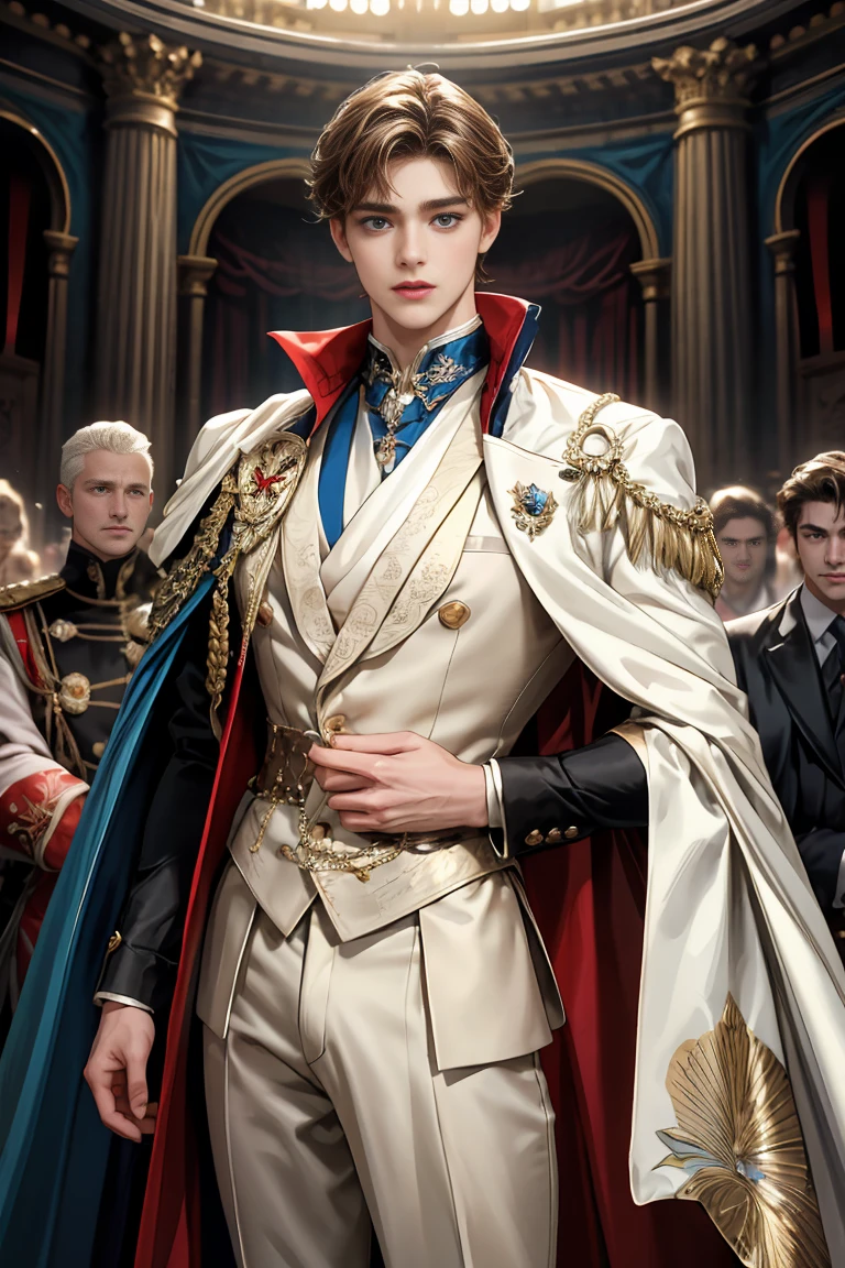 
masterpiece, 最high quality, high quality, 1 boy, alone, Male focus, Watching the audience,  Messy brown hair, Adorable big blue eyes, White, Noble, Noble, Beautiful tailcoat、A very voluminous, large, very large, very large, long, long red and black cape with a high stand-up collar, made of a lot of fabric that reaches down to the floor., 17 years old,Cute beautiful boys,Cute, cute, kind, handsome guy