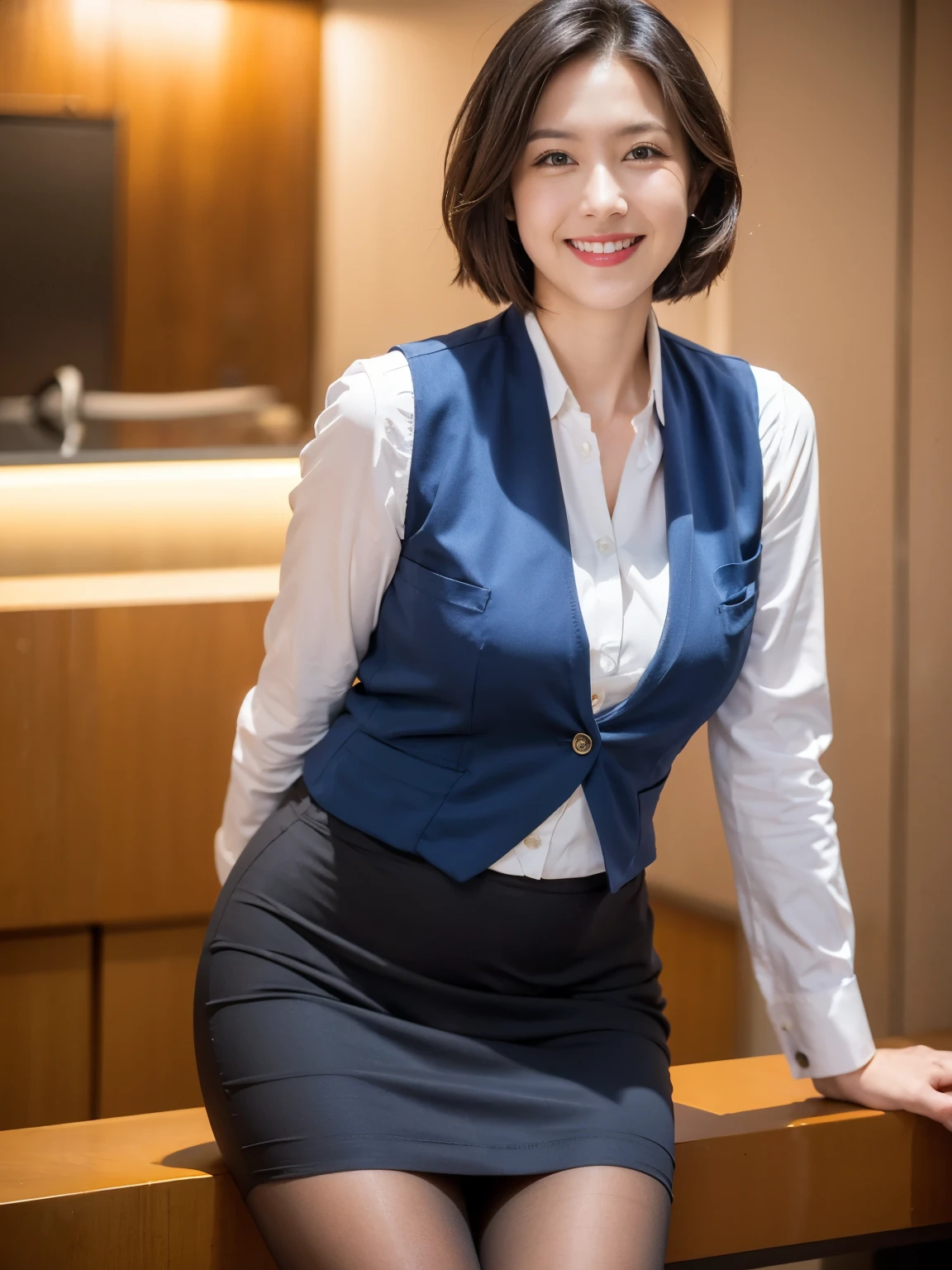 Japanese women、32 years old,  (RAW Photos:1.2), (Realistic),(Genuine: 1.4), highest quality, Very detailed, finely, High resolution, 8k, perfection、Beautiful and exquisite,（Female office worker in uniform:1.5）、（White blouse:1.5）、 (Dark blue vest:1.5),  (Ultra-realistic pantyhose:1.2), （Knee-length skirt）、Bob Hair, Red lipstick, A neat image, (Elegant smile:1.2)、Receptionist、cute、Camera-facing shot, Realistic skin texture、Shiny skin、（Headquarters of a large company、Standing in front of the reception counter:1.5）、（Short black hair:1.5）、（Standard body shape）、（D cup breasts）