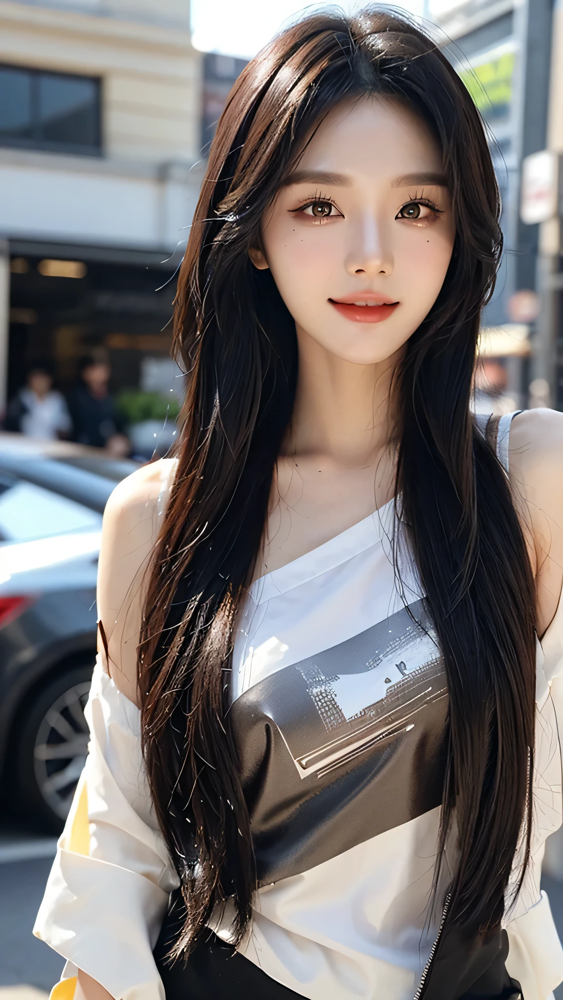 ​masterpiece、top-quality)、1 beautiful girl walk arow the shopping mall , ((Wearing black sunglasses )), (Detailed beautiful eyes), ((Detailed skin)) , ((Detailed medium hair)), Walk around the store、((Boyish Brown Medium Hair))、((Smaller face))、((Neutral face))、((Light brown eyes))、((Korean Girl))、((18year old))、((cool lady))、((A shy smile on his face))、((Korean Makeup))、((elongated and sharp eyes))、((Happy dating))、((boyish))、on the wvilla), ((CG rendering)), ((Blurred background)), ((16K)),  ((Very detailed)), ((wallpaper)), ((depth of field)), ((movie light)), (( Ray tracing)).