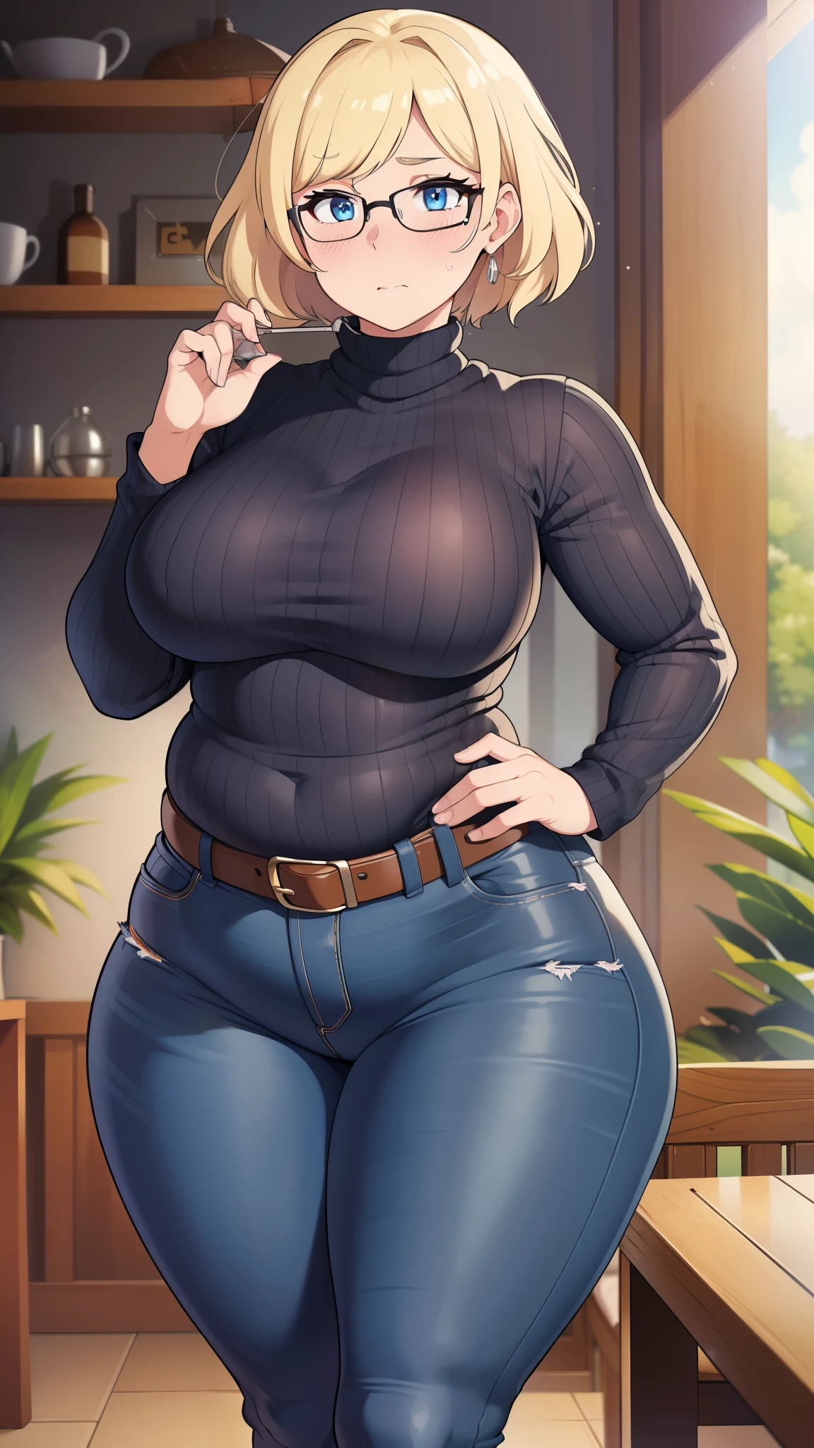 ((Masterpiece)), perfect anatomy, perfect shading, field of depth, (best quality), extremely delicate and beautiful, perfect lighting, detailed face, ultra cute face, cute, (cowboy shot 1.2), full body, (((1girl))), ((solo)), looking at viewer,
short hair, fluffy hair, blonde hair, blue eyes, Glasses, ((blush)), shy, embarrassed, (black turtleneck sweater 1.5), (jeans 1.2), belt, extremely tight clothes, medium breasts, ((wide hips)), (((thick thighs))), ((chubby)), chubby belly, fat folds, belly hang,
coffee shop, intricate background, detailed background, hand on hip,