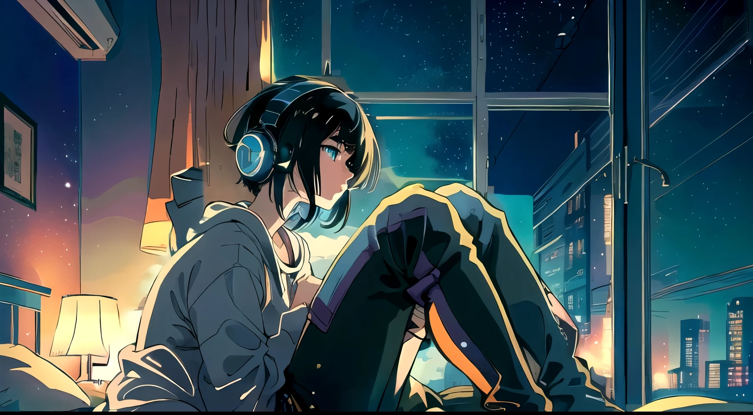 anime girl sitting on bed With headphones on and looking out window, Nightcore, Anime atmosphere, Lofi Artstyle, Anime Style 4k, listening to music at 2 am, With headphones, I like anime, LOFI Girl, high quality Anime art style, Anime Aesthetics, Lofi Art, Anime Images, Anime art style, Anime Aesthetics, No window bars needed, The curtains are fluttering in the wind