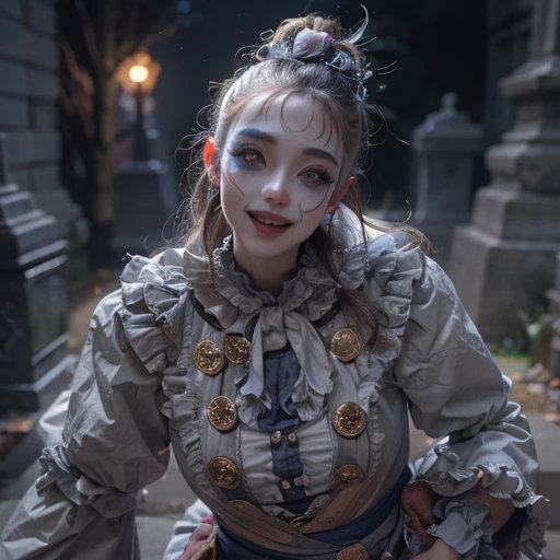 Standing in the grave、Hair flow、 ((highest quality、masterpiece、8k、Best image quality、Ultra-high resolution、Award-winning works)、(Accurate anatomy:1.1)、(Look at me and smile:1.1)、Shining fair skin with Ultra-high resolution、The most detailed face、Ultra-high resolution detailed face、Ultra-high resolutionの髪の毛、(Ultra-high resolution eye:1.1)、Beautiful face drawn in every detail、Cheerful clown costume, Chest to chest, Strange atmosphere, Ghosts flow, Dark Light, At the cemetery, Heavy makeup