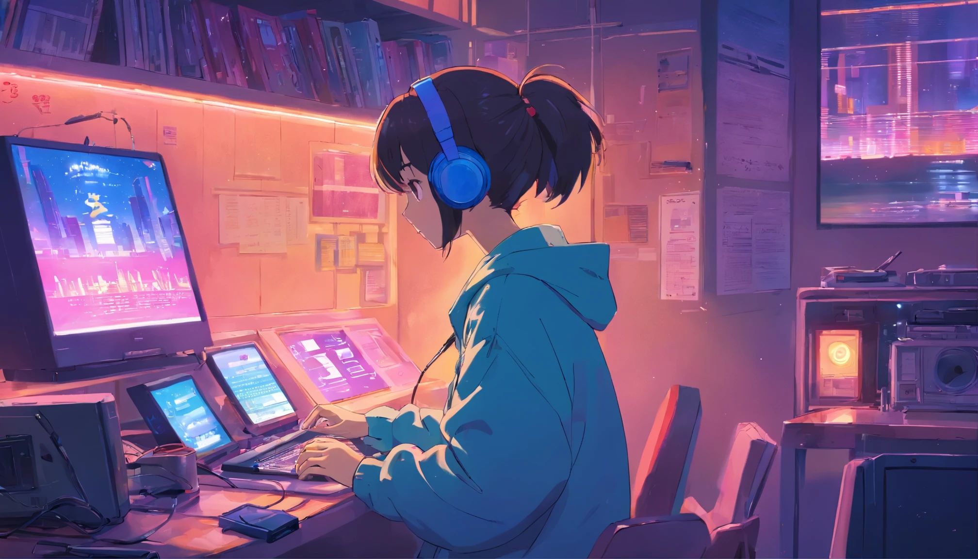 (zero), Girl studying in room, Reading a book, Wear headphones, , Night lighting, Neon scenery on a rainy day,Analog Color Theme, Lo-fi Hip Hop , retrospective exhibition, flat, 2.5D ,Draw a line, Ink drawing, Large slope, Watercolor, Goosh Colors, Studio Ghibli style, Great colorful, Outerton, Synthwave, Lofi Art,90s Style,Old Texture, amplitude,90s vibe, Tabletop, Great technology, 16:9 Scale