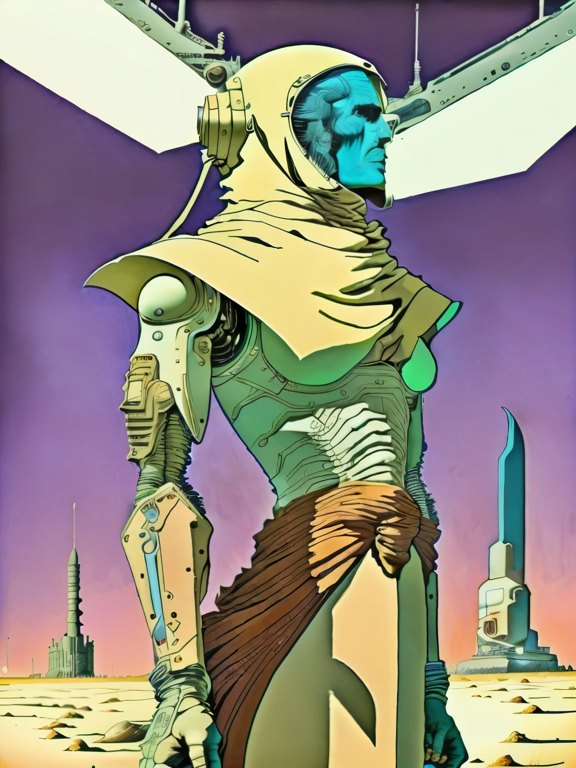 Uma pintura de um ser elfico android, robot, orelhas pontudas, segurando uma bela flor, sentado em um penhasco com uma nave espacial ao fundo por Moebius Jean Giraud