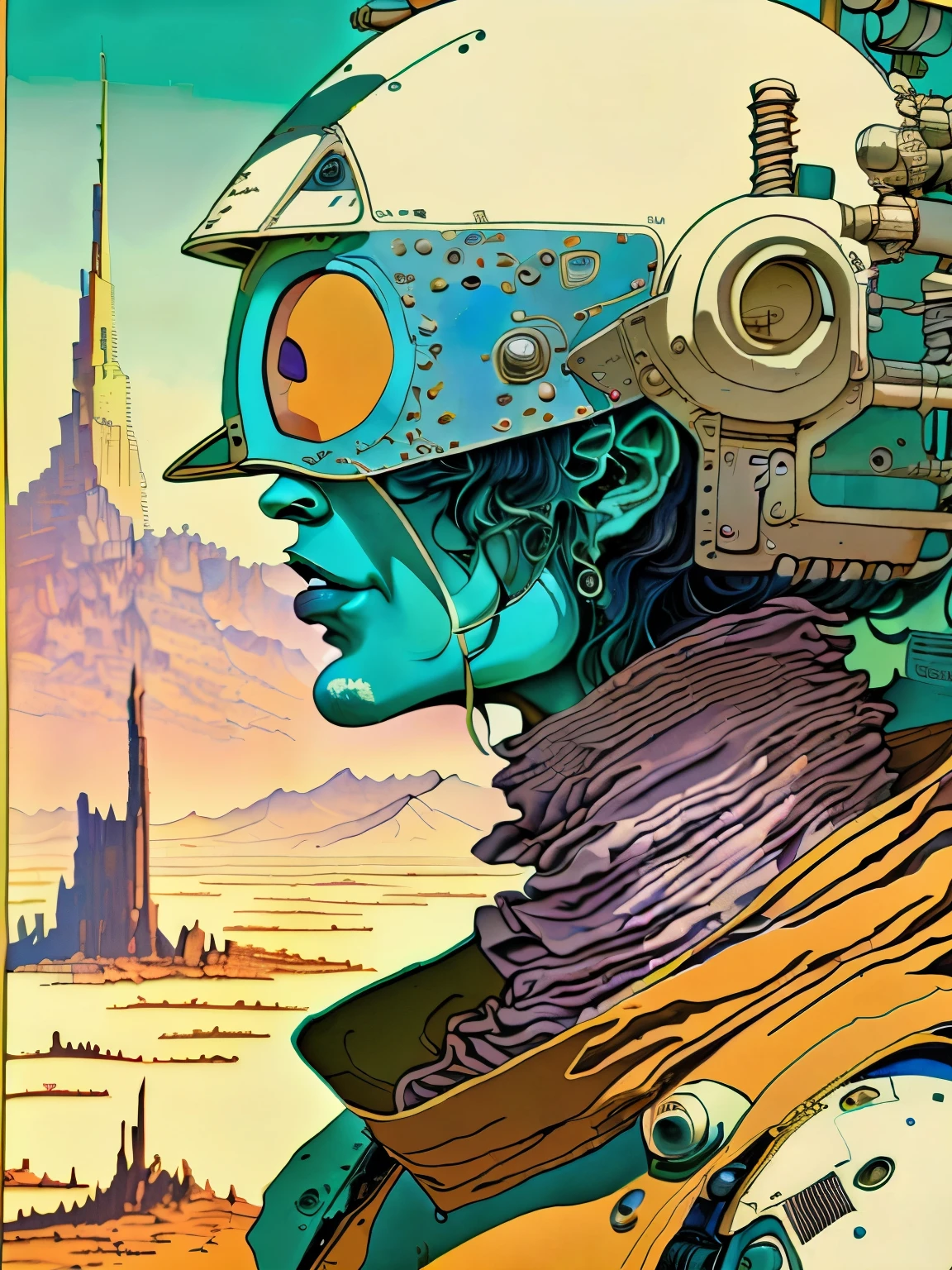 Uma pintura de um ser elfico android, robot, orelhas pontudas, segurando uma bela flor, sentado em um penhasco com uma nave espacial ao fundo por Moebius Jean Giraud