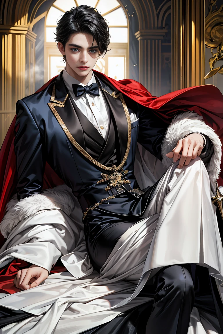 
masterpiece, 最high quality, high quality, 1 boy, alone, Male focus, Watching the audience,  Messy black hair, Adorable big blue eyes, White, Noble, Noble, Tuxedo、A very voluminous, large, very large, very large, long, long red and black cape made with a lot of fabric that reaches down to the floor, with a three-dimensional stand-up collar that is higher than the face., 17 years old,Cute beautiful boys,Cute, cute, kind, handsome guy