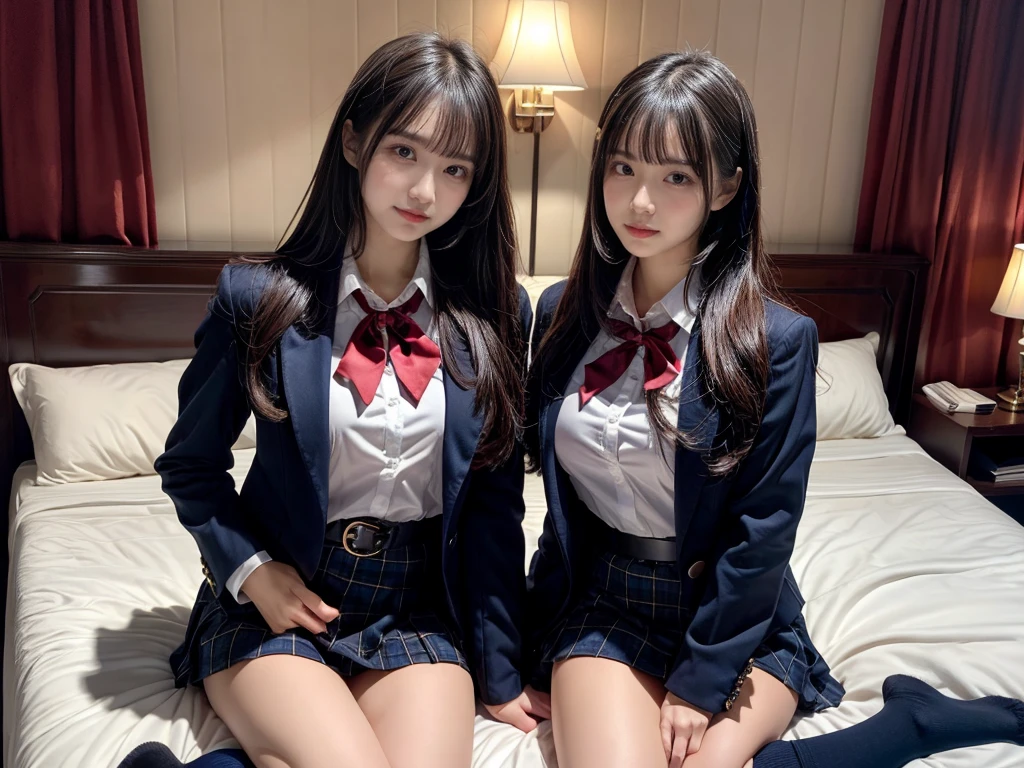 (8K, Raw photography, top-quality, masterpiece:1.2), master piece, best quality, illustration, Super detailed, fine details, High resolution, 8K,wall paper, perfect dynamic composition,(Details High quality, realistic depiction of eyes:1.3), ((2 girls, 2 schoolgirls)), The background is a luxury hotel room、High school girl uniform、blazer 、Super Short Check Uniform Skirt、Navy blue high socks、garterbelts、Colossal tits、Disturbed uniform, Play with each other,Touching each other's bodies,Touching the body of the girl next door, short bob hair, black hair color, huge breasts, Big Natural Color Lip, bold sexy pose, (perfect body shape), crying a little、cold gaze, Beautiful makeup,glitter makeup,Cutest 18 years old, beautiful legs, hposing Gravure Idol, Voluptuous thighs