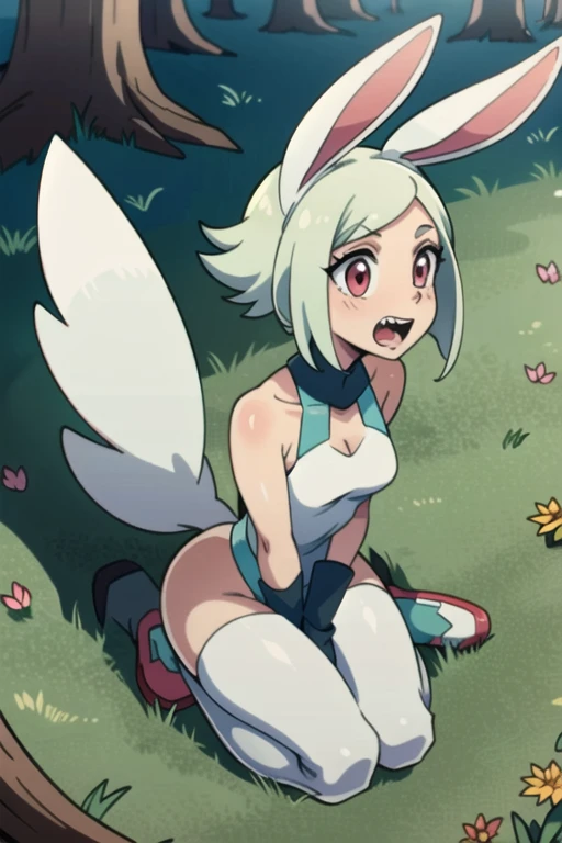 masterpiece, best quality, SFW, (safe for work),1Digimon, solo, sharp teeth, long bunny ears, big mouth, no body, pink round creature,digimon style,digimon \(creature\), on the grass, digital forest background