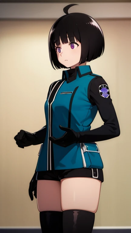 One Girl, alone, amateur_chika, short hair, Black Hair, Blunt bangs, Bobcut, Ahoge, Purple eyes, Long sleeve, Blue sleeveless jacket, uniform, Black sleeveless shirt, turtleneck, Symbolism, Short black shorts, Black boots, carry a long rifle, Cowboy Shot、Thighs、Black thigh-high boots、（（（Black high heels）））whole body, face, high quality, masterpiece, 超High resolution, high quality, Attention to detail, 最high quality, High resolution、（Black high heels）（whole bodyエズビアン）Leg fetish、Absolute area、body、Looking at the audience, Cowboy Shot, (Sweat:0.9), I breathe, concentrated,Heavy breathing, Open your mouth ,  big 、（Leather boots）（Elbow Lace Gloves）