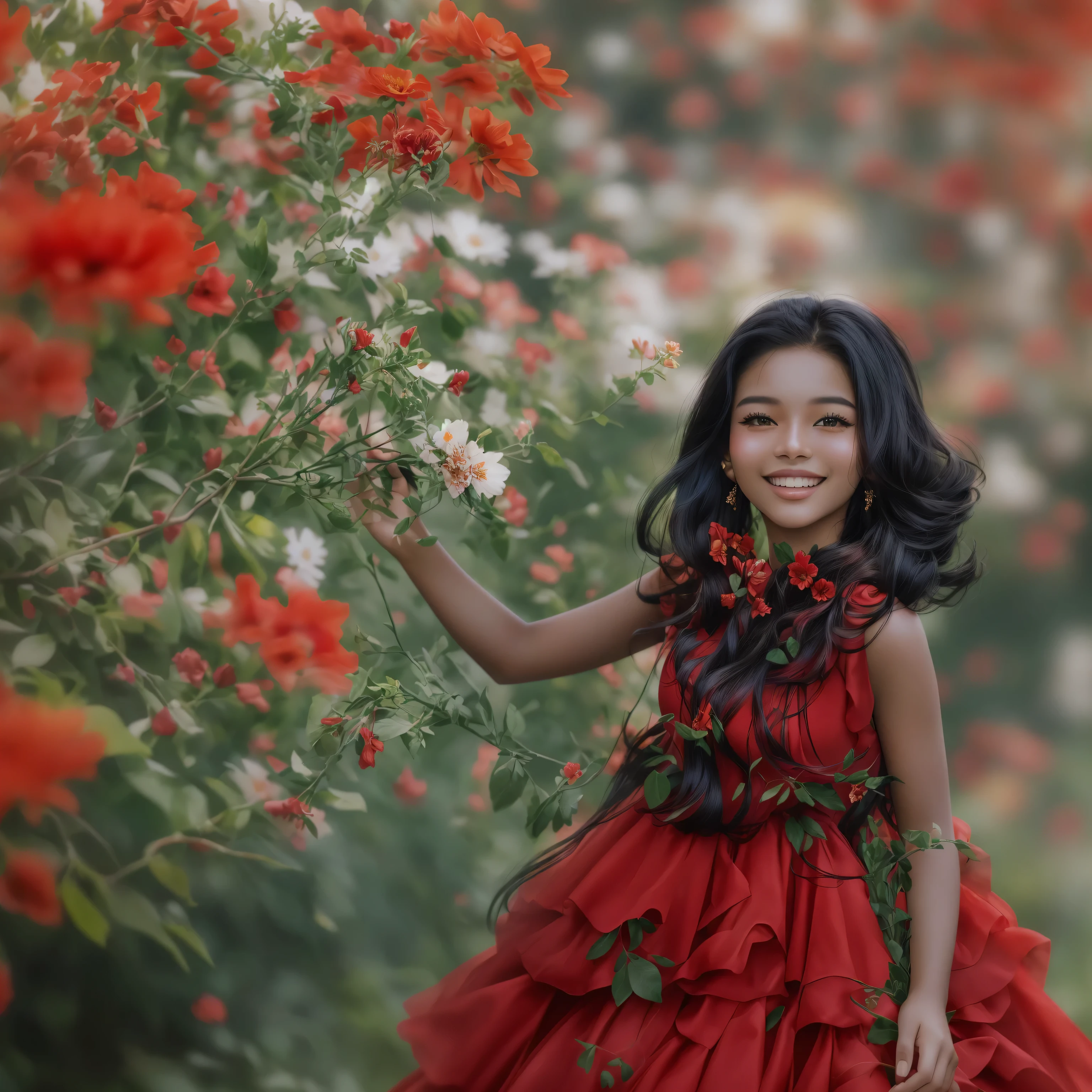 there is a young girl in a red dress standing in a field of flowers, girl in flowers, girl wears a red dress, modeling photography, amidst nature, portrait image, with a beautifull smile, closeup portrait shot, rich red colors, flower, cute girl, beautiful model, portrait shot, cutest, cute beautiful, beautiful cute, gorgeous young model, beautiful surroundings
