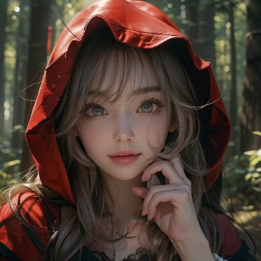 Standing in the forest、Hair flow、 ((highest quality、masterpiece、8k、Best image quality、Ultra-high resolution、Award-winning works)、(Accurate anatomy:1.1)、(Look at me and smile:1.1)、Shining fair skin with Ultra-high resolution、The most detailed face、Ultra-high resolution detailed face、Ultra-high resolutionの髪の毛、(Ultra-high resolution eye:1.1)、Beautiful face drawn in every detail、little red riding hood Costumes , Chest to chest, Strange atmosphere, A real werewolf stares at her..., Dark Light, in the forest , Overall composition using wide-angle Lenovo-style scenery