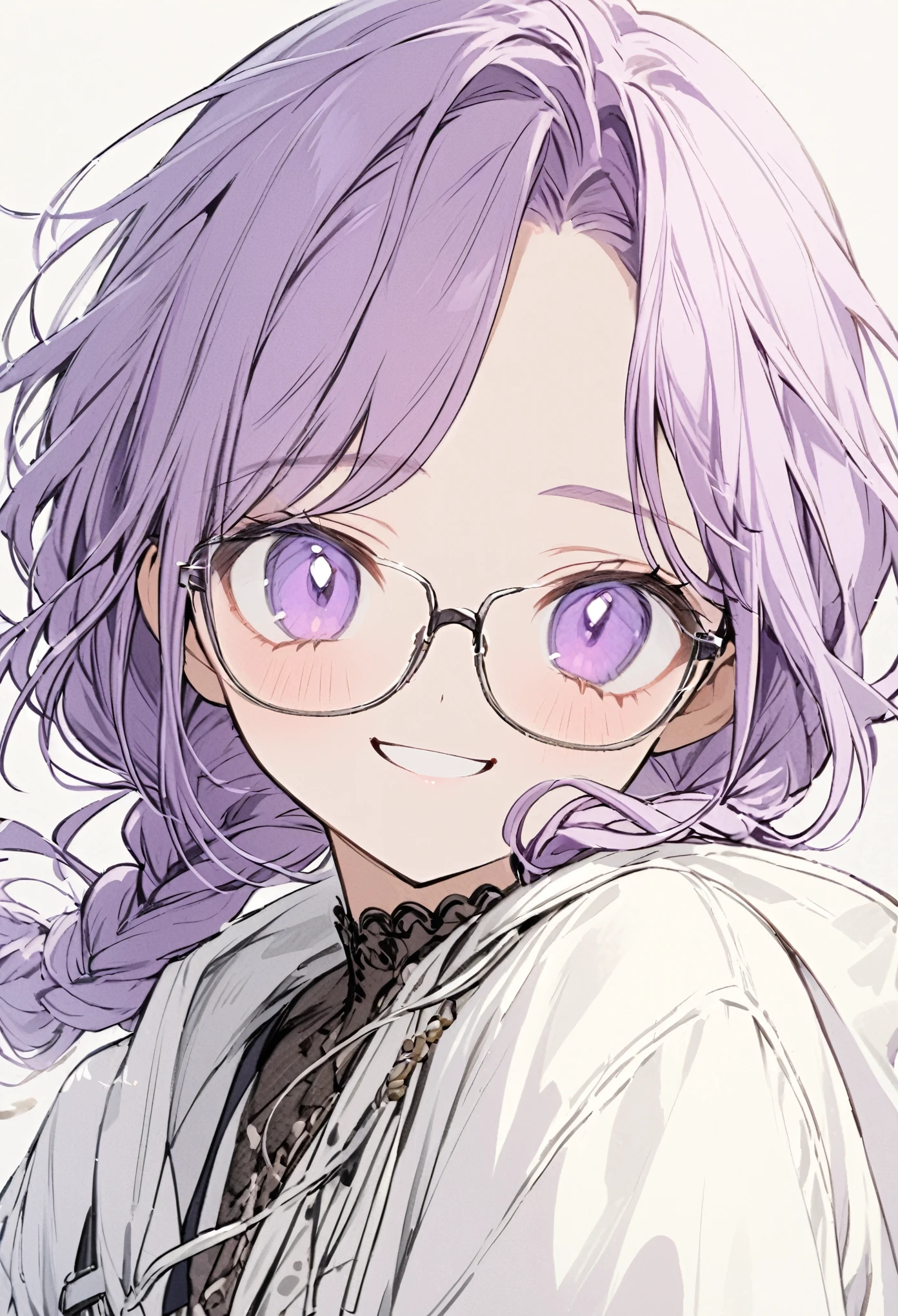 Purple Hair、Braided Hair、Hair tied in two、7:3 parted bangs、Wear glasses、White Opaque Lens Glasses、girl、Wearing a white coat、Grinning