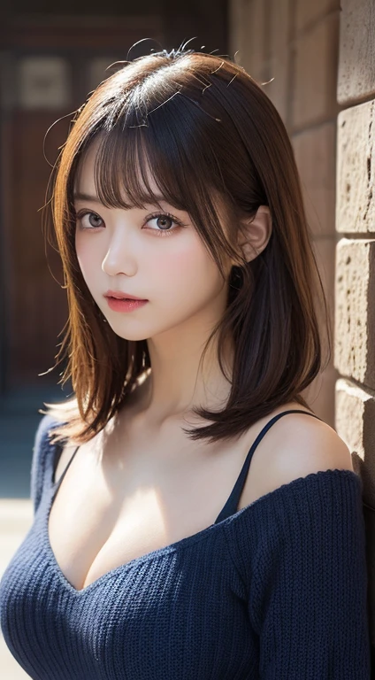 masutepiece, Best Quality, Illustration, Ultra-detailed, finely detail, hight resolution, 8K Wallpaper, Perfect dynamic composition, Beautiful detailed eyes,  Natural Lip, Dark blue knitted dress , , cleavage, Cs