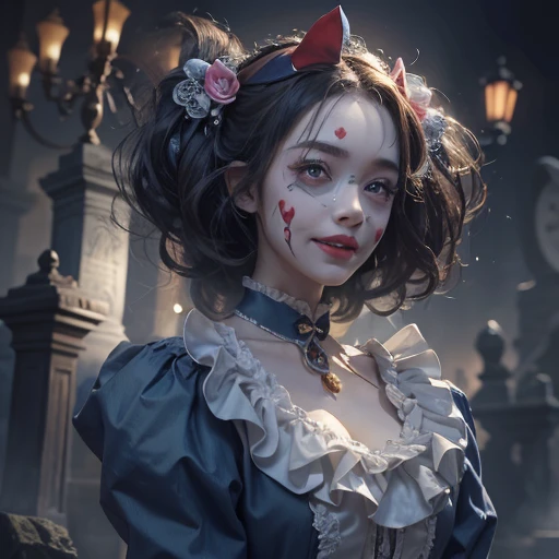 Standing in the grave、Hair flow、 ((highest quality、masterpiece、8k、Best image quality、Ultra-high resolution、Award-winning works)、(Accurate anatomy:1.1)、(Look at me and smile:1.1)、Shining fair skin with Ultra-high resolution、The most detailed face、Ultra-high resolution detailed face、Ultra-high resolutionの髪の毛、(Ultra-high resolution eye:1.1)、Beautiful face drawn in every detail、Cheerful clown costume, Chest to chest, Strange atmosphere, Ghosts flow, Dark Light, At the cemetery, Heavy makeup