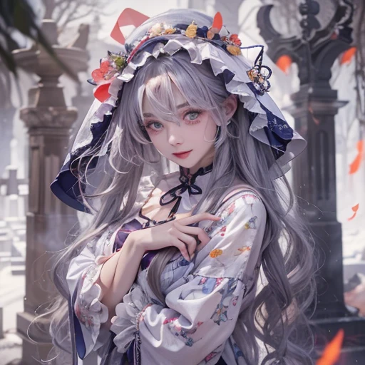 Standing in the grave、Hair flow、 ((highest quality、masterpiece、8k、Best image quality、Ultra-high resolution、Award-winning works)、(Accurate anatomy:1.1)、(Look at me and smile:1.1)、Shining fair skin with Ultra-high resolution、The most detailed face、Ultra-high resolution detailed face、Ultra-high resolutionの髪の毛、(Ultra-high resolution eye:1.1)、Beautiful face drawn in every detail、Cheerful clown costume, Chest to chest,  Strange atmosphere, Ghosts flow, Dark Light, At the cemetery, Heavy makeup 