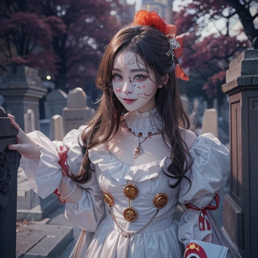 Standing in the grave、Hair flow、 ((highest quality、masterpiece、8k、Best image quality、Ultra-high resolution、Award-winning works)、(Accurate anatomy:1.1)、(Look at me and smile:1.1)、Shining fair skin with Ultra-high resolution、The most detailed face、Ultra-high resolution detailed face、Ultra-high resolutionの髪の毛、(Ultra-high resolution eye:1.1)、Beautiful face drawn in every detail、Cheerful clown costume, Chest to chest,  Strange atmosphere, Ghosts flow, Dark Light, At the cemetery, Heavy makeup 