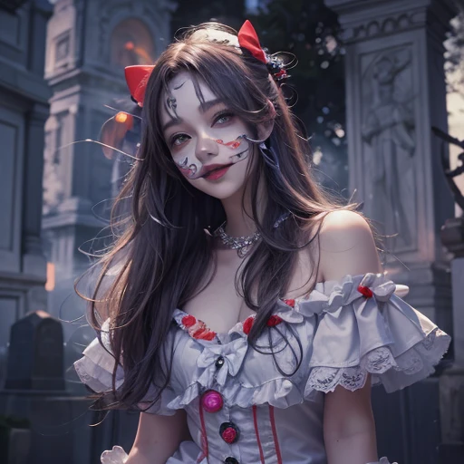 Standing in the grave、Hair flow、 ((highest quality、masterpiece、8k、Best image quality、Ultra-high resolution、Award-winning works)、(Accurate anatomy:1.1)、(Look at me and smile:1.1)、Shining fair skin with Ultra-high resolution、The most detailed face、Ultra-high resolution detailed face、Ultra-high resolutionの髪の毛、(Ultra-high resolution eye:1.1)、Beautiful face drawn in every detail、Cheerful clown costume, Chest to chest,  Strange atmosphere, Ghosts flow, Dark Light, At the cemetery, Heavy makeup 