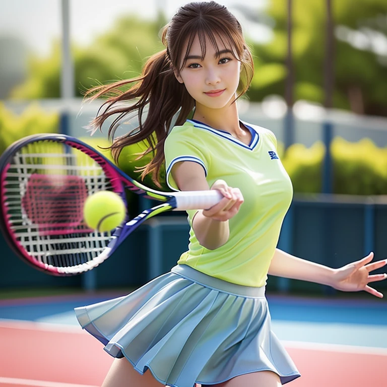 Photo-realistic quality、白色のTennis Wearーを着てテニスラケットを振っている２０College girl years old, a girl Playing tennis, Tennis Wear, Playing tennis, Realistic rackets, Detailed and beautiful eyes、Playing tennisアイドル、Grey skort、The moment the yellow ball is hit、A soft smile