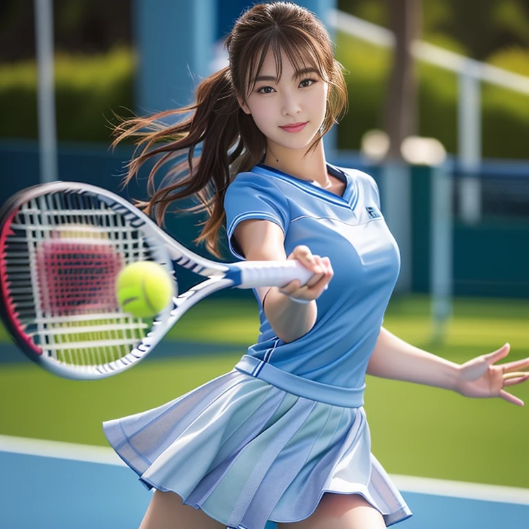 Photo-realistic quality、白色のTennis Wearーを着てテニスラケットを振っている２０College girl , a girl Playing tennis, Tennis Wear, Playing tennis, Realistic rackets, Detailed and beautiful eyes、Playing tennisアイドル、Grey skort、The moment the yellow ball is hit、A soft smile